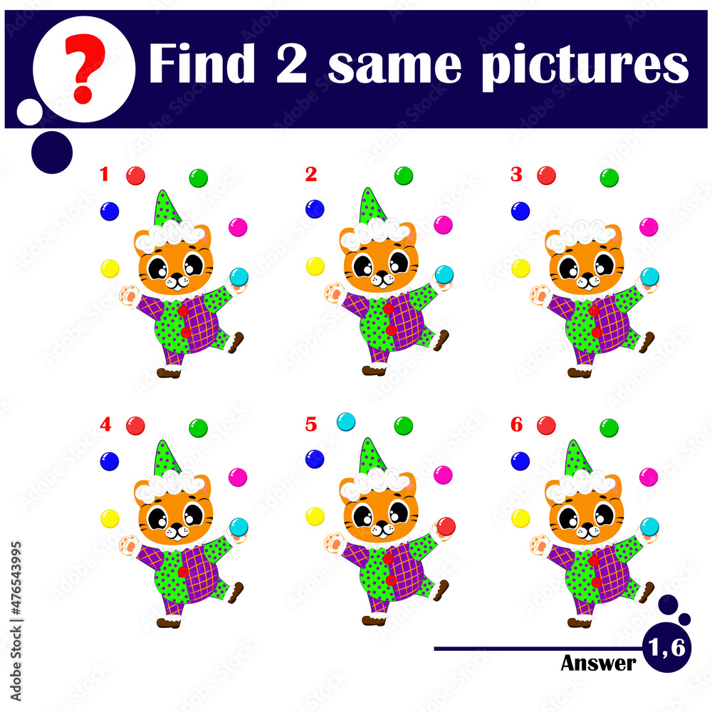 Children educational game. Find two same pictures of cute tiger clown