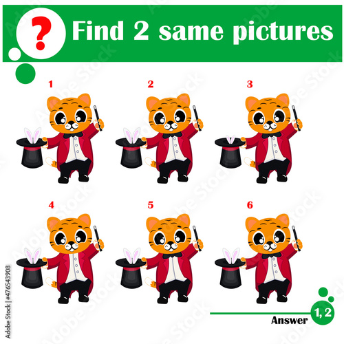 Children educational game. Find two same pictures of cute tiger magician