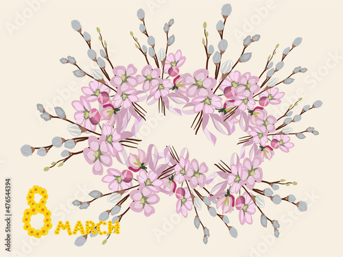 Vintage vector card with 8 March holiday. beautiful pink flowers. Numbers and letters from yellow flowers. Happy womens day.