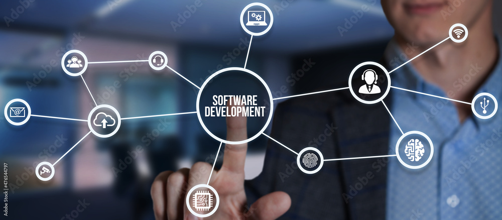 Internet, business, Technology and network concept. Inscription Software Development on the virtual display. Virtual button. Internet, business, Technology and network concept. Inscription Software Development on the virtual display. Virtual button.