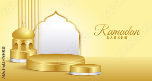 Islamic display podium with golden mosque minarets, ramadan kareem 3D background