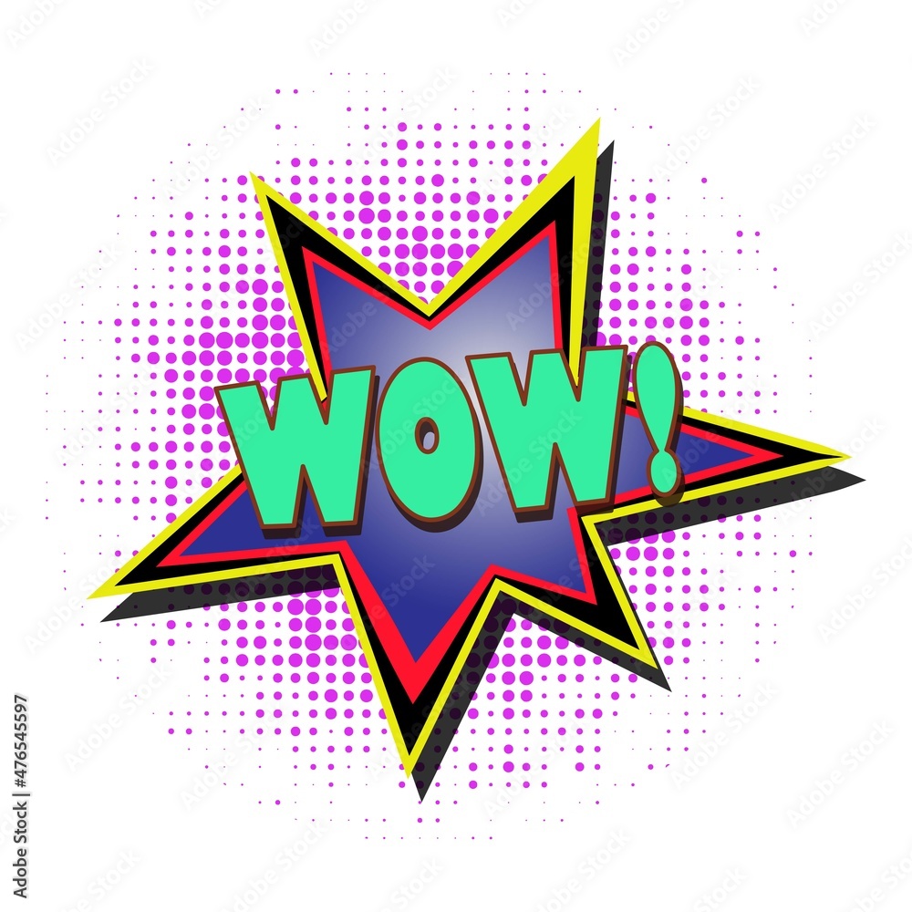 Vector lettering pop art sign WOW. Atttractive comic text sound effects. Sound bubble speech phrase WOW cartoon explotion sounds illustration background template. Comics book explotion balloon