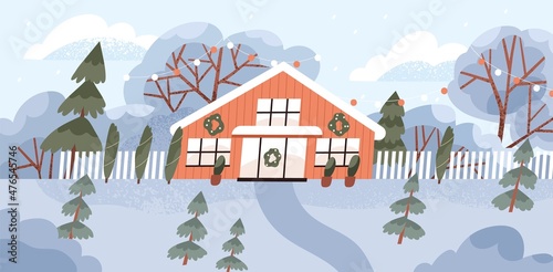 Village house on Christmas holidays. Winter landscape with snow, wood country...
