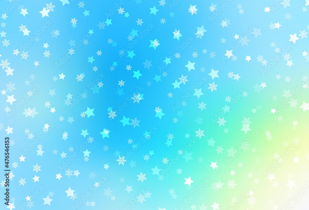 Light Blue, Green vector background with xmas snowflakes, stars.