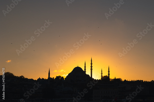 Mosque silhouette. Suleymaniye Mosque at sunset in Istanbul.