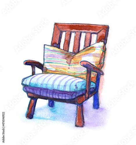 Armchair pillow chair watercolor isolated on white background multicolored striped design furniture interior comfortable work at home wooden