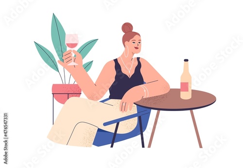 Happy woman hold red wine glass in hands, tasting and enjoying alcohol in solitude. Female with wineglass drinking and relaxing at table. Flat graphic vector illustration isolated on white background