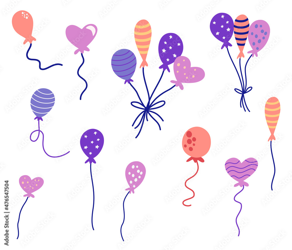 Balloons set. Carnival Balloons: Festive set of colorful balloons in different shapes. Flying bunch balloons with rope Perfect for birthday party and decor. Modern Hand draw vector illustration.