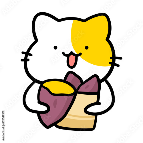焼き芋を食べるかわいいねこのキャラクターの手書き風イラスト