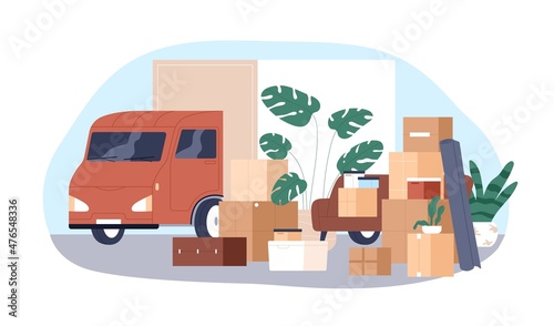 Relocation service concept. Van and many cardboard boxes pile for moving and relocating. Lot of carton packages heap and delivery truck. Flat vector illustration isolated on white background