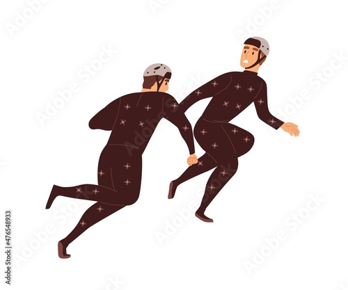 Actors in motion capture suits for filming and tracking movements. Performers in action wearing full-body mocap costumes with markers. Flat vector illustration isolated on white background