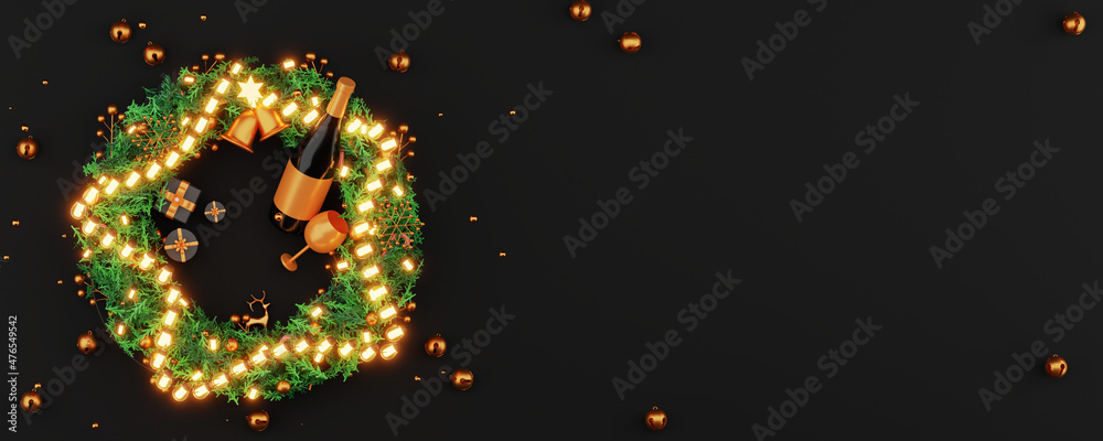 3D Render Top View Of Illuminated Lighting Garland In Form Shape Of Star Over Christmas Wreath With Champagne Bottle, Drink Glass And Copy Space. Banner Or Header Design.