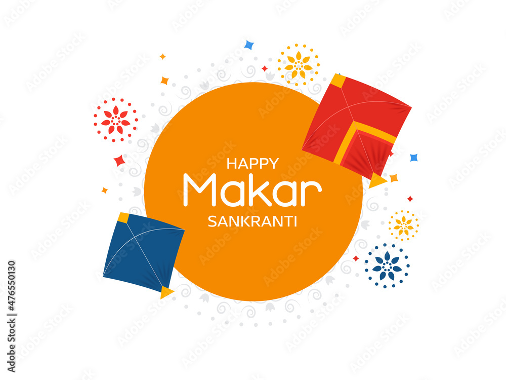 Happy Makar Sankranti Font With Kites, Floral Element Decorated On Orange And White Background. - obrazy, fototapety, plakaty 