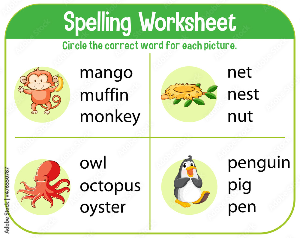 Spelling worksheet template for kids Stock Vector | Adobe Stock