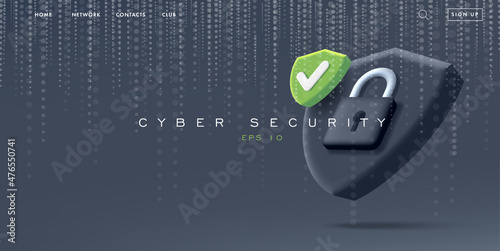 Website landing banner with cyber security 3d illustration of a shield with padlock and matrix texture