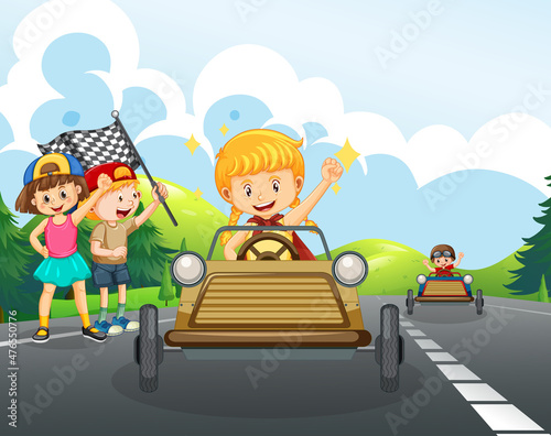 Road scene with children racing car