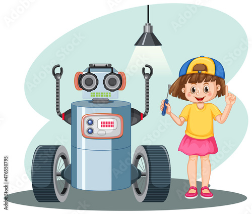 Young girl fixing a robot