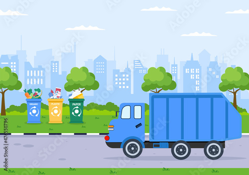 Recycling Ecology Process Flat Illustration Background with Organic Waste, Paper or Plastic Picked up on a Truck and Brought to Burn