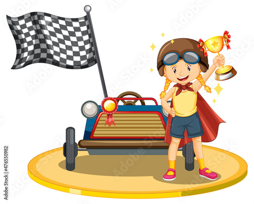 Winner girl holding trophy standing in front of race car
