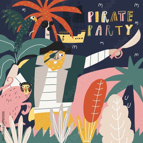 Funny cartoon character pirate with sword. Island background, plant, lettering pirate party. Vector postcard print, book page design