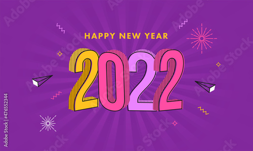 Colorful Halftone Effect 2022 Number With Fireworks, Triangle Elements On Purple Rays Background For Happy New Year.