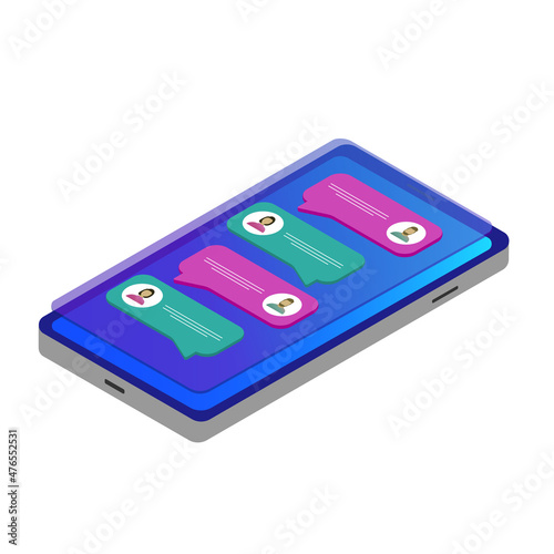 Chat speech bubbles, on-screen text messages. Mobile messenger application, texting group messages, chatbots, chatting with friends vector illustration icon isolated on the white background