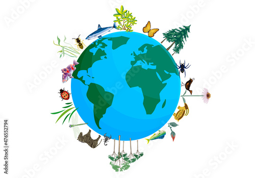 Planeta de biodiversidad en fondo blanco.