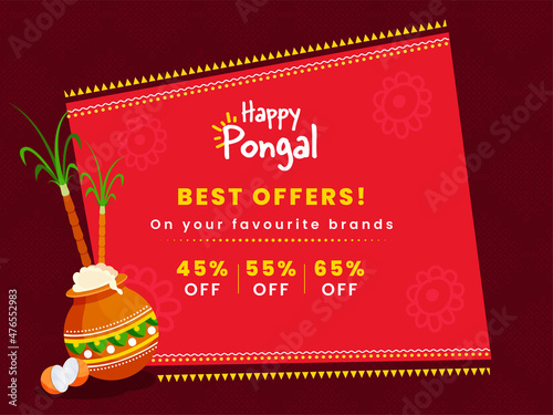 Happy Pongal Sale Poster Design With Traditional Dish (Rice) In Mud Pot, Sugarcane On Red Background.