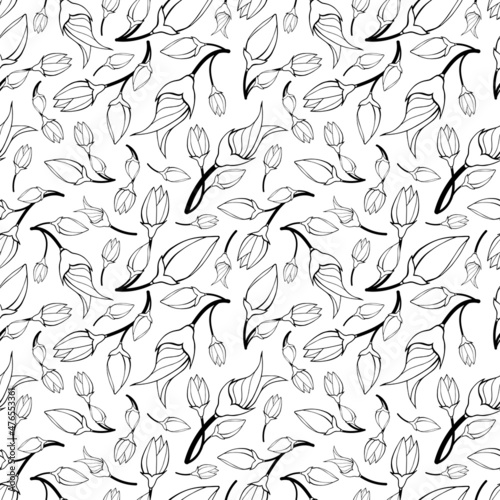 Zen art tulip flowers irregular seamless pattern. Zentangl floral motifs random repeat surface design. Black and white anti stress doodle endless texture. Art therapy coloring book or gift paper.
