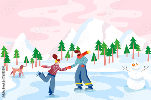 Loving couple skating at frozen lake in nature background. Man and woman skate on ice rink in fir forest with snowy mountains view. Seasonal entertainment. Vector illustration in flat cartoon design