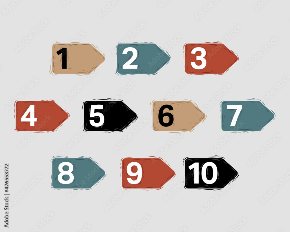 Collection of hand drawn geometric forms bullet point numbers from one to ten. Collection of hand drawn geometric forms bullet point numbers from one to ten.