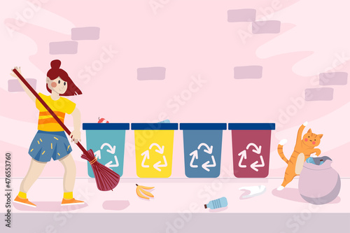 Little volunteer sweeping trash on city street background. Happy girl and cat collects and sorts garbage in bins for recycling and reuse. Ecology scenery. Vector illustration in flat cartoon design