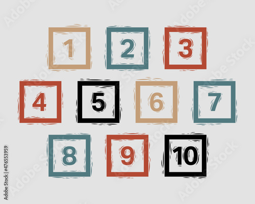 Collection of hand drawn geometric forms bullet point numbers from one to ten.