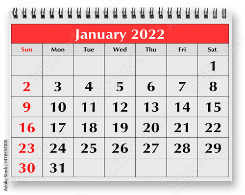 Page of the annual monthly calendar - January 2022