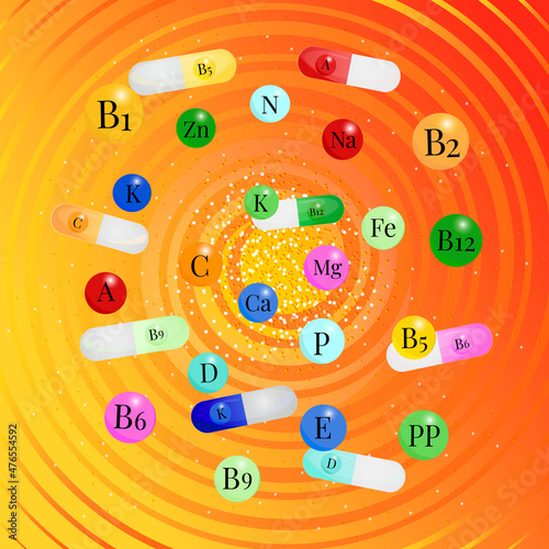 nutritional supplements and medical capsules with a complex of vitamins and minerals of different colors in a funnel. Vector illustration in a flat style of the concept of healthcare and pharma