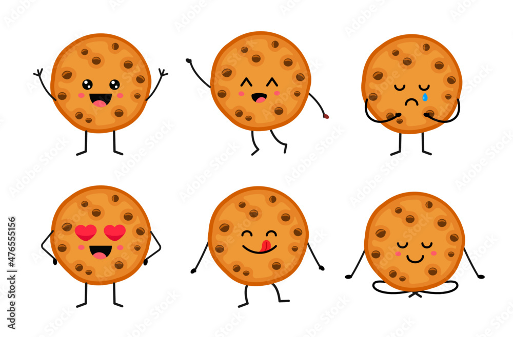 Kawaii chocolate chip cookie character with different emotions. Isolated on  white background. Cartoon cookies set Stock Vector | Adobe Stock