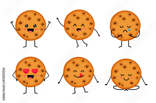Kawaii chocolate chip cookie character with different emotions. Isolated on white background. Cartoon cookies set