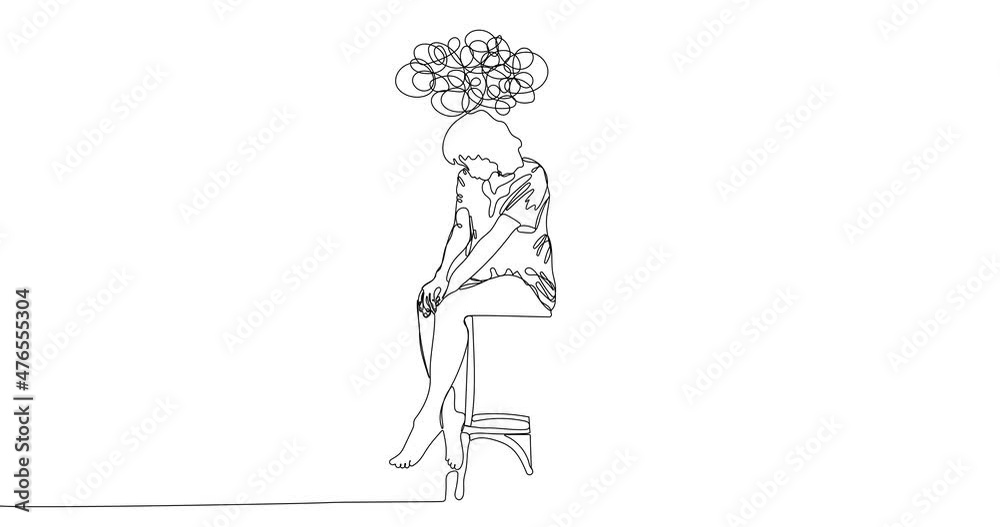 Animated continuous line drawing of  woman feeling desperate. Concept of support female with psychological problems. Online therapy and counselling for people under stress and depression