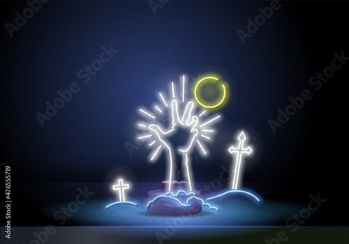 Glowing neon sign of halloween banner design with bony hand from grave. Zombie hand with claws, purple neon sign. Bright halloween night scary sign neon style. Vector illustration.