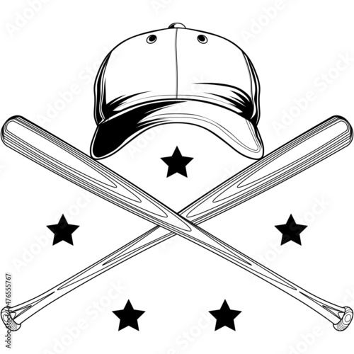 Five-star baseball logo svg design with crossed baseball bats and a baseball cap for shirts, prints, signs, emblems, cards, posters