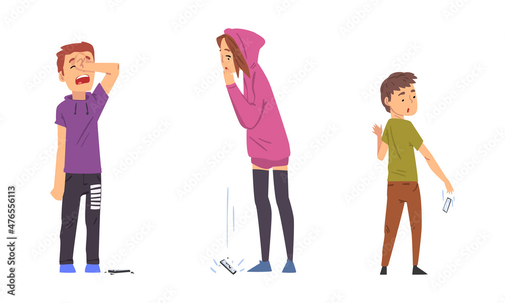 Fototapeta premium Teenage Girl and Boy Dropping Their Smartphone by Accident Vector Set