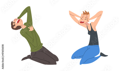 Panicked Man and Woman Afraid of Something Sitting on the Floor and Shouting with Fear Feeling Scared and Terrified Vector Set