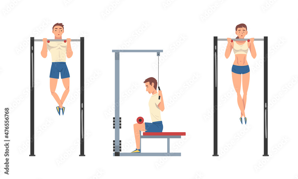 Naklejka premium Man and Woman at Gym Training with Sport Machine Vector Set