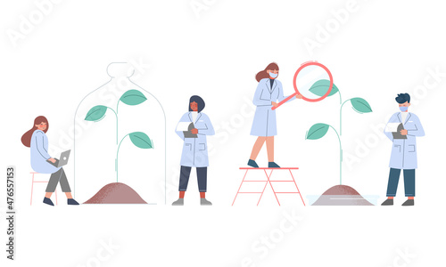 Scientist in Lab with Tiny People Character in White Coat Doing Chemical Research with Huge Laboratory Equipment Vector Set