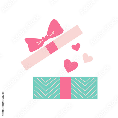 Festive open gift box with pink bow and hearts for Mother's Day and Valentine's Day. 