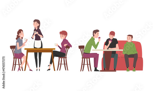 People Character Sitting at Cafe Table with Waitress Serving Them Vector Set