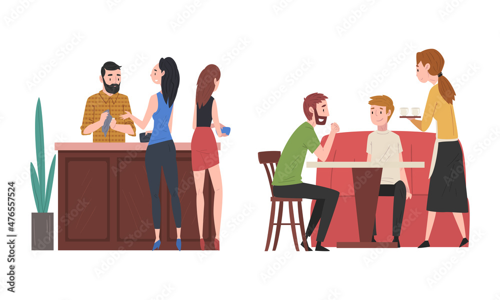 People Character Sitting at Cafe Table with Waitress Serving Them Vector Set People Character Sitting at Cafe Table with Waitress Serving Them Vector Set