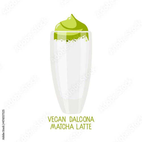 Vegan Dalgona matcha latte. Glass with green whipped drink. Drink with powdered tea match and milk. Flat vector isolated on white. Drink for bar, restaurant menu, party decor, beverage template