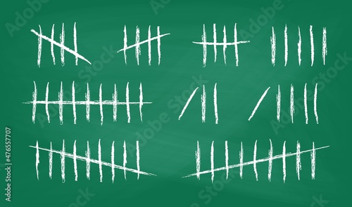 Tally marks set on school green chalkboard. Collection of white hash marks signs of prison wall, jail or desert island lost day tally numbers counting. Vector chalk drawn sticks lines counter
