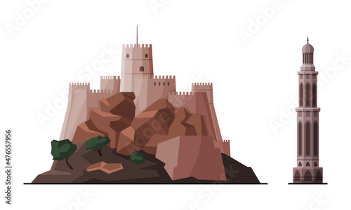 Oman Muscat City Historical Building and Landmarks with Nizwa Fort and Tall Tower Vector Set